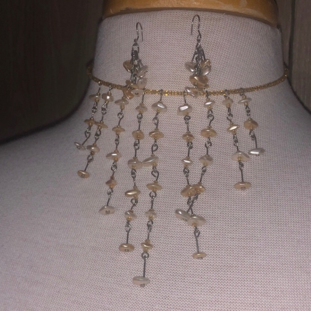Express Wire Choker 9 Beaded Strand Cascading Bib Necklace w/ Drop Earrings